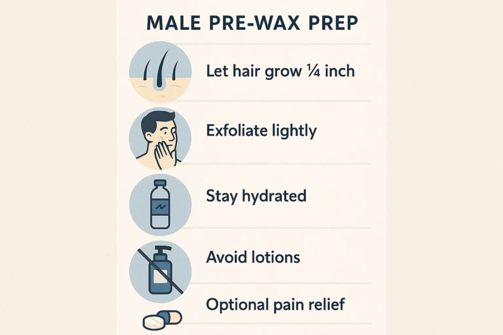 Steps to prepare for male waxing, including exfoliating, hydrating, and avoiding lotions