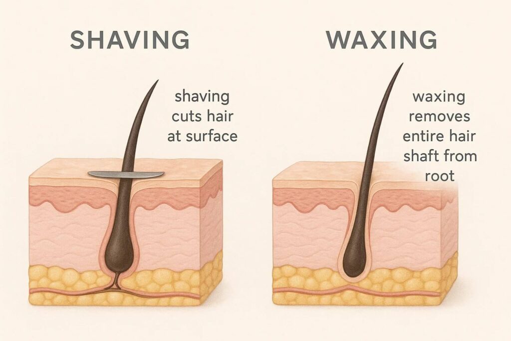 ภาพเปรียบเทียบแบบด้านต่อด้าน แสดงการโกนที่ตัดขนตรงผิว กับการแว็กซ์ที่ดึงขนออกจากราก