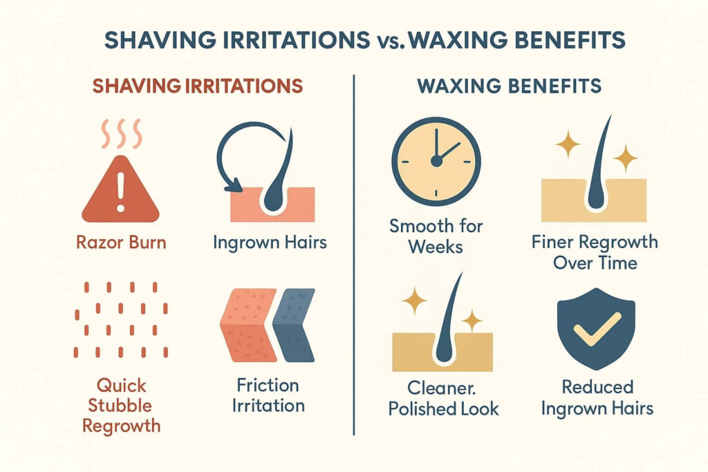 อินโฟกราฟิกเปรียบเทียบการแว็กซ์และการโกนในด้านความเรียบเนียน ระยะเวลาการงอกใหม่ และสุขภาพผิว