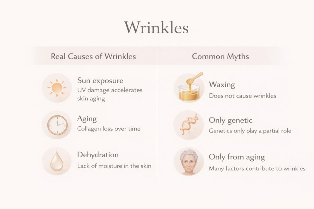 แผนภาพแสดงสาเหตุที่แท้จริงของริ้วรอยเทียบกับความเชื่อที่เข้าใจผิด